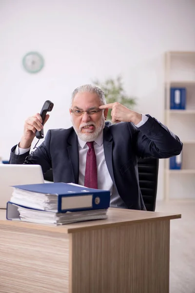 Old businessman employee talking by phone at workplace