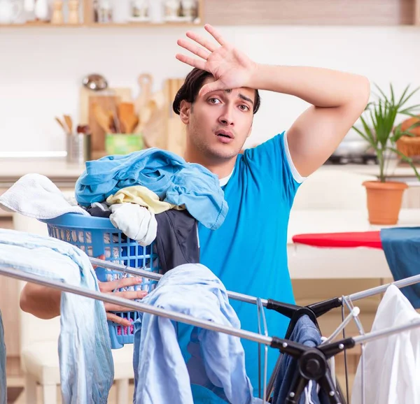 Young Man Husband Doing Clothing Ironing Home — Stock Photo, Image