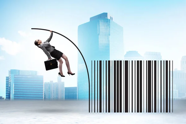 Businesswoman Jumping Bar Code Pole Vaulting — Stockfoto