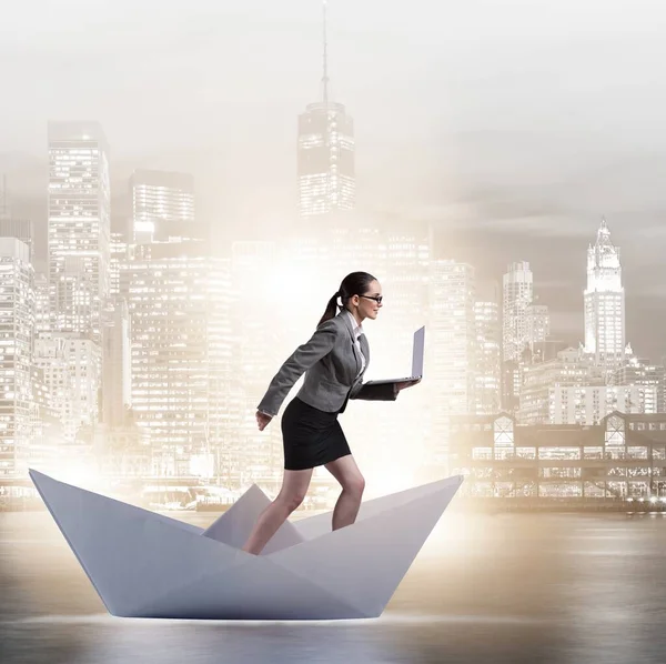 Businesswoman Riding Paper Boat Ship Business Concept — Stock Photo, Image