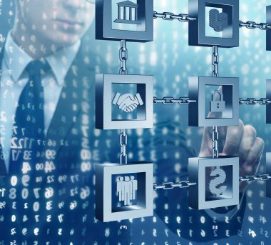 Engelleme zinciri kripto para birimi konsepti içindeki işadamı