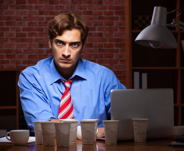 Young Employee Drinking Coffee Working Night Shift — Stock Photo, Image