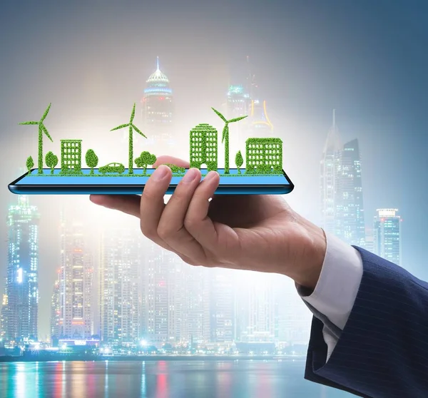Hand Holding Tablet Mini Ecosystem Clean Energy — Stock Photo, Image