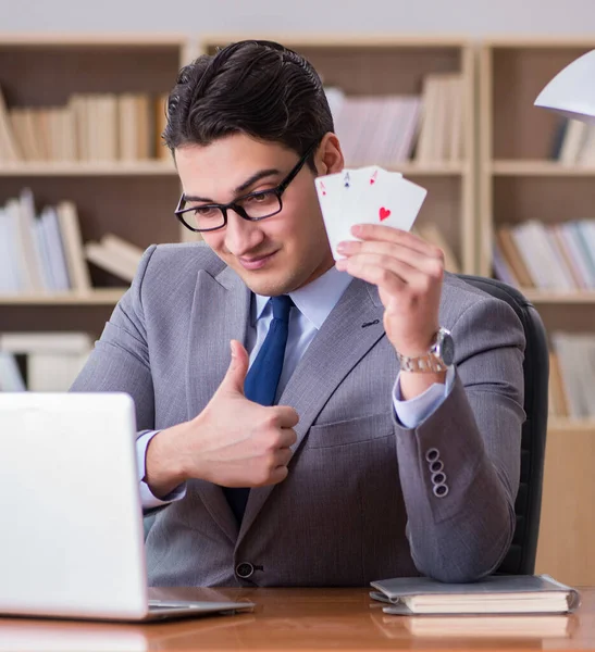 Businessman Gambling Playing Cards Work — Stock Photo, Image