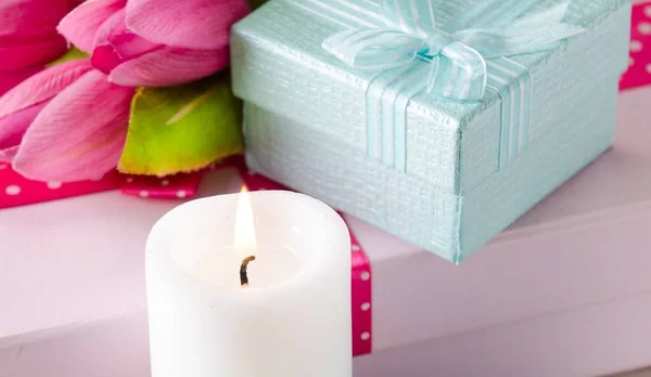 Giftbox Arranged Table Saint Valentine Holiday Concept — Stock Photo, Image