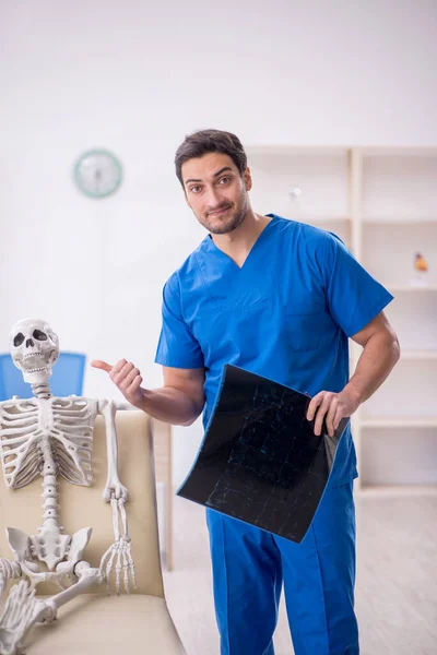 診療所の若い医師の放射線技師と骨格患者 — ストック写真