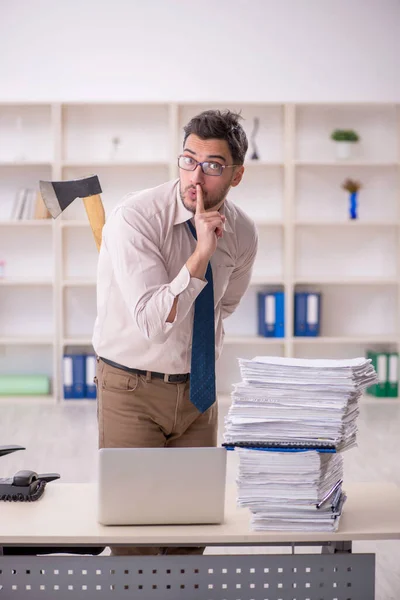 Young Employee Too Much Work Workplace — Foto Stock