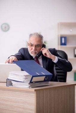 Old businessman employee talking by phone at workplace