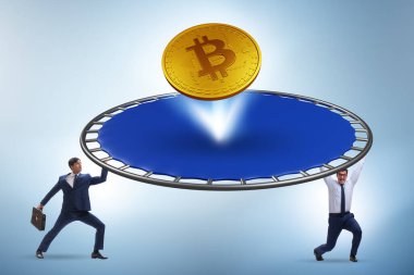 Monetary concept with cryptocurrency bouncing off trampoline