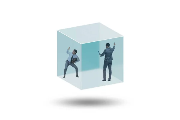 Uomo Affari Intrappolato Nel Cubo Vetro Trasparente — Foto Stock