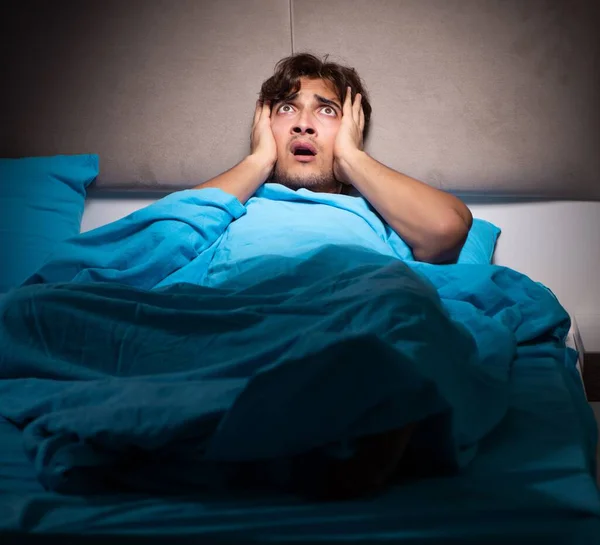 Young Man Scared His Bed Having Nightmares — Stock Photo, Image
