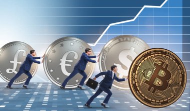 İşadamı kripto para birimi konseptinde bitcoin itiyor