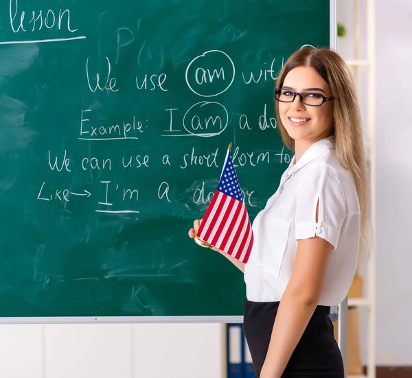 Stock image Young female english language teacher standing in front of the blackboard