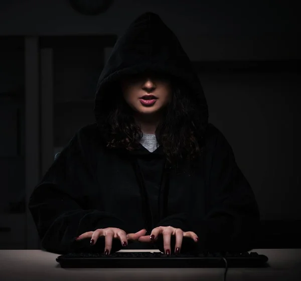 The female hacker hacking security firewall late in office