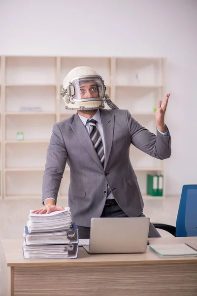 Young Businessman Employee Wearing Spacesuit Workplace — Photo