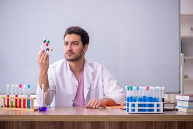 Young chemistry teacher sitting in the classroom
