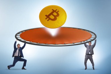 Monetary concept with cryptocurrency bouncing off trampoline