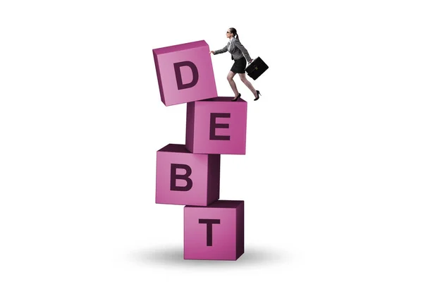 Debt Loan Concept Businesswoman Cubes — Zdjęcie stockowe