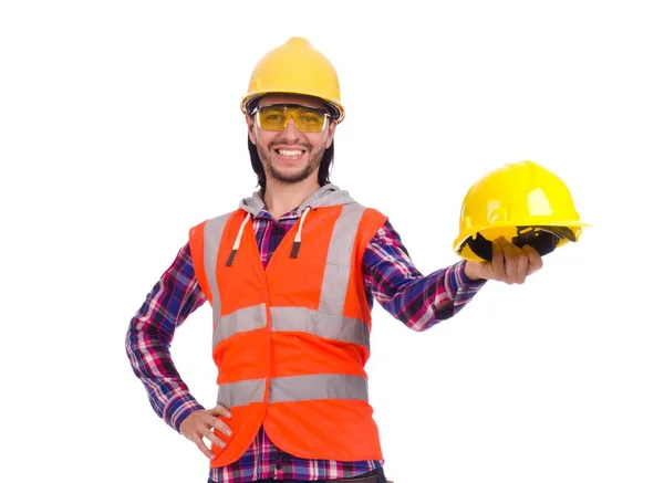 Jovem Construtor Masculino Contratado Isolado Branco — Fotografia de Stock