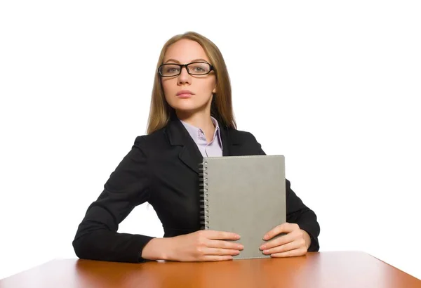 Female Employee Sitting Long Table Isolated White — Stock Photo, Image
