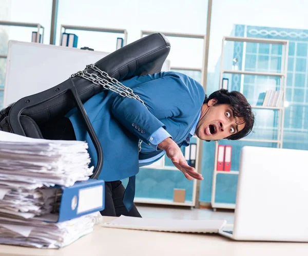 Chained Male Employee Unhappy Excessive Work — Stock Photo, Image