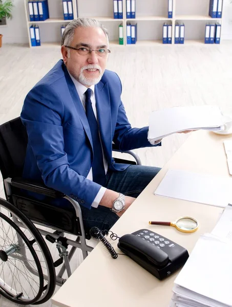 Aged Employee Wheelchair Working Office — Stock Photo, Image