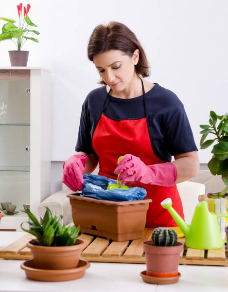 The female gardener with plants indoors
