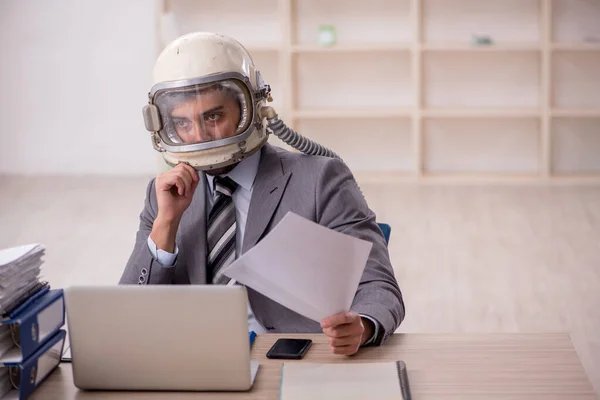 Young Businessman Employee Wearing Spacesuit Workplace — Fotografia de Stock