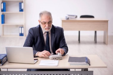 Old businessman employee talking by phone at workplace
