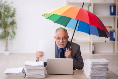 Old employee holding an umbrella at workplace