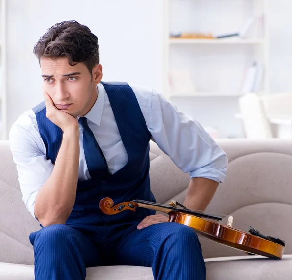 Young Musician Man Practicing Playing Violin Home — Stock Photo, Image