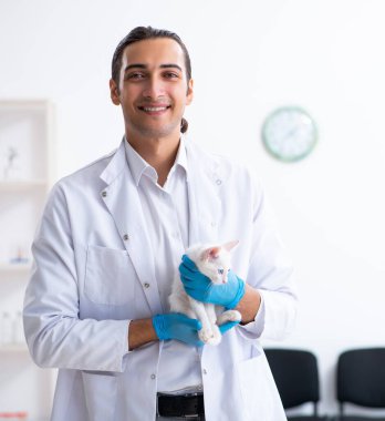 Genç erkek doktor hasta kediyi muayene ediyor.