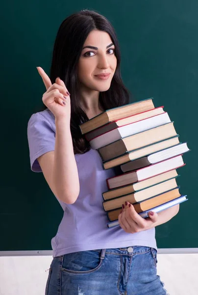 Young Female Teacher Student Front Green Board — Stock Photo, Image