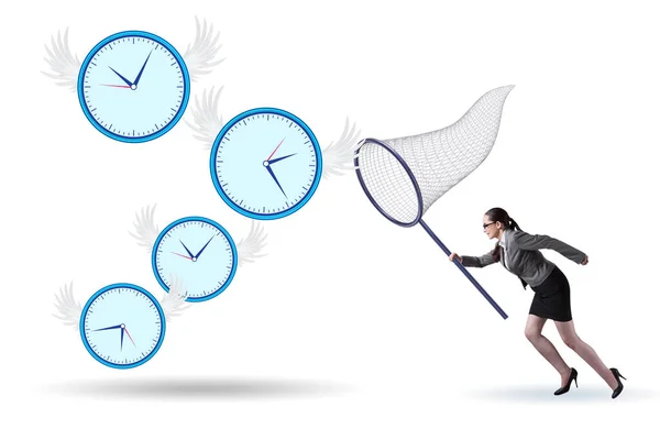Deadline Concept Businesswoman Catching Clocks — Stock Photo, Image