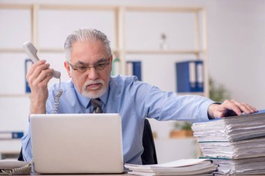 Old employee speaking by phone at workplace