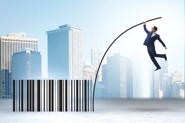 Businessman Jumping Bar Code Pole Vaulting — Stock fotografie