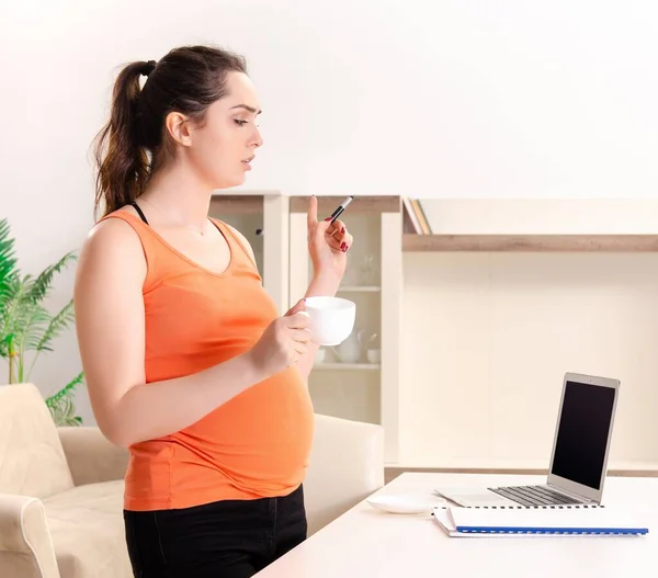 Evde Çalışan Genç Hamile Kadın — Stok fotoğraf