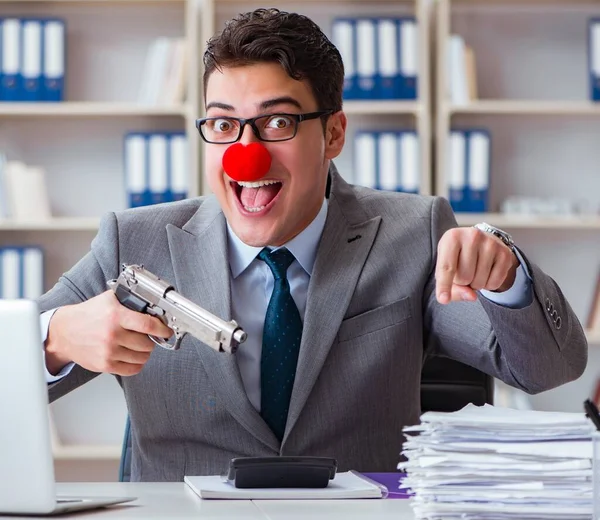 Clown Businessman Working Office Angry Frustrated Gun — Stock Photo, Image