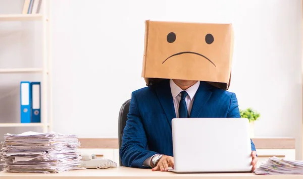 Unhappy Man Employee Box Instead His Head — Stockfoto