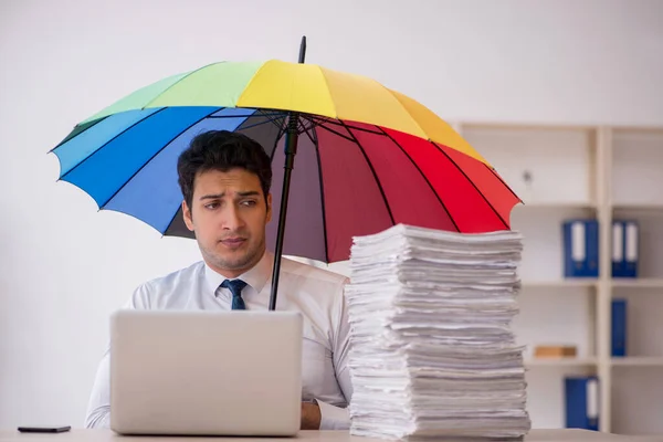 Young Employee Holding Umbrella Workplace — Stockfoto
