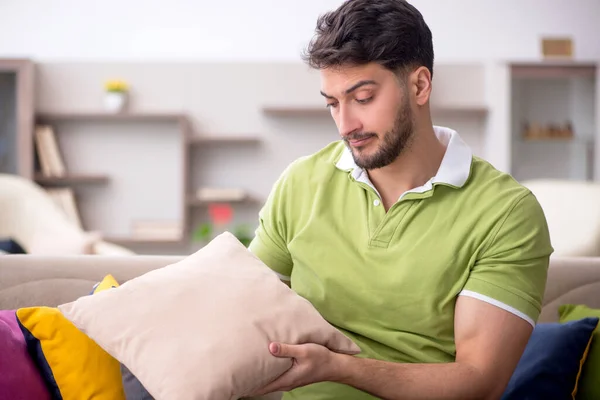Young Man Lot Pillows Home — Stock Photo, Image