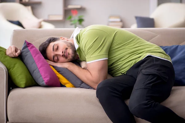 Young Man Lot Pillows Home — Stock Photo, Image