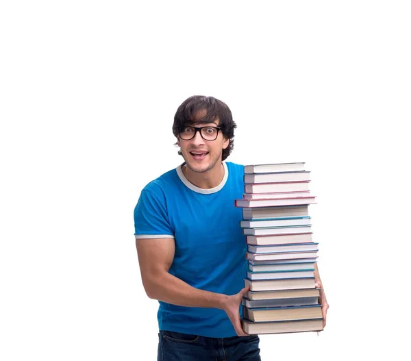 Mannelijke Student Met Veel Boeken Geïsoleerd Wit — Stockfoto