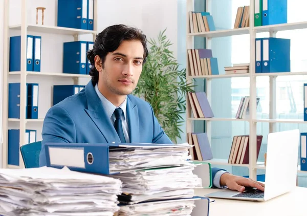 Young Handsome Male Employee Too Much Work Office — Foto Stock