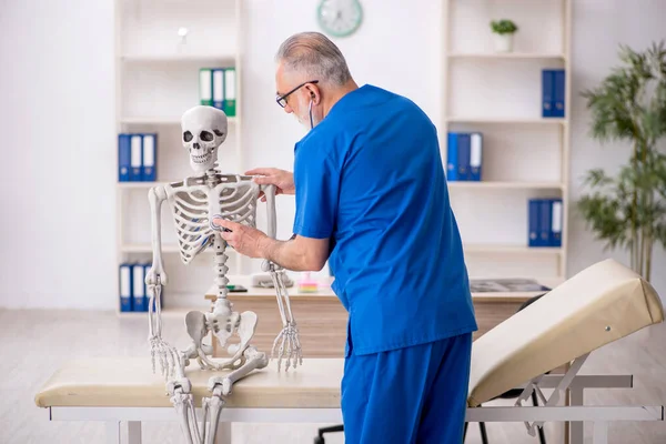 Viejo Doctor Examinando Esqueleto Hospital —  Fotos de Stock