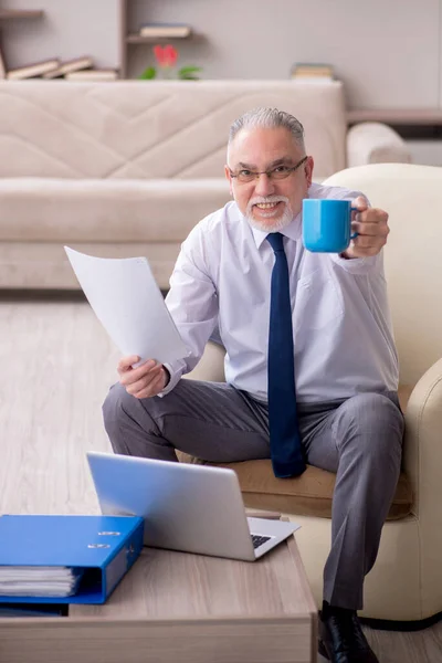 Old Boss Working Home Pandemic — Stock Photo, Image