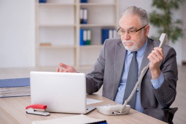 Old employee speaking by phone at workplace