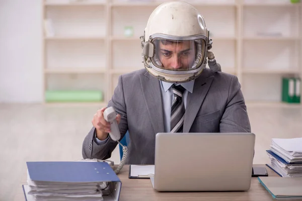 Young Businessman Employee Wearing Spacesuit Workplace — Stok fotoğraf