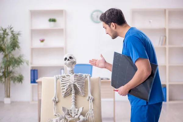 Young Doctor Radiologist Skeleton Patient Clinic — Stock Photo, Image