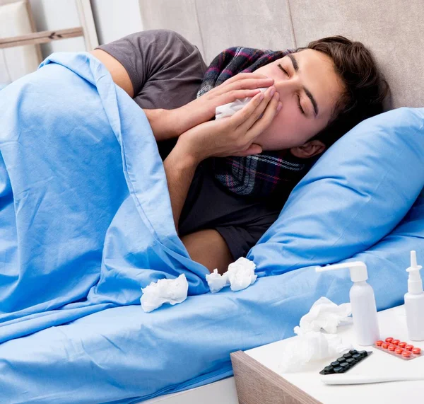 Sick Ill Man Bed Taking Medicines Drugs — Stock Photo, Image